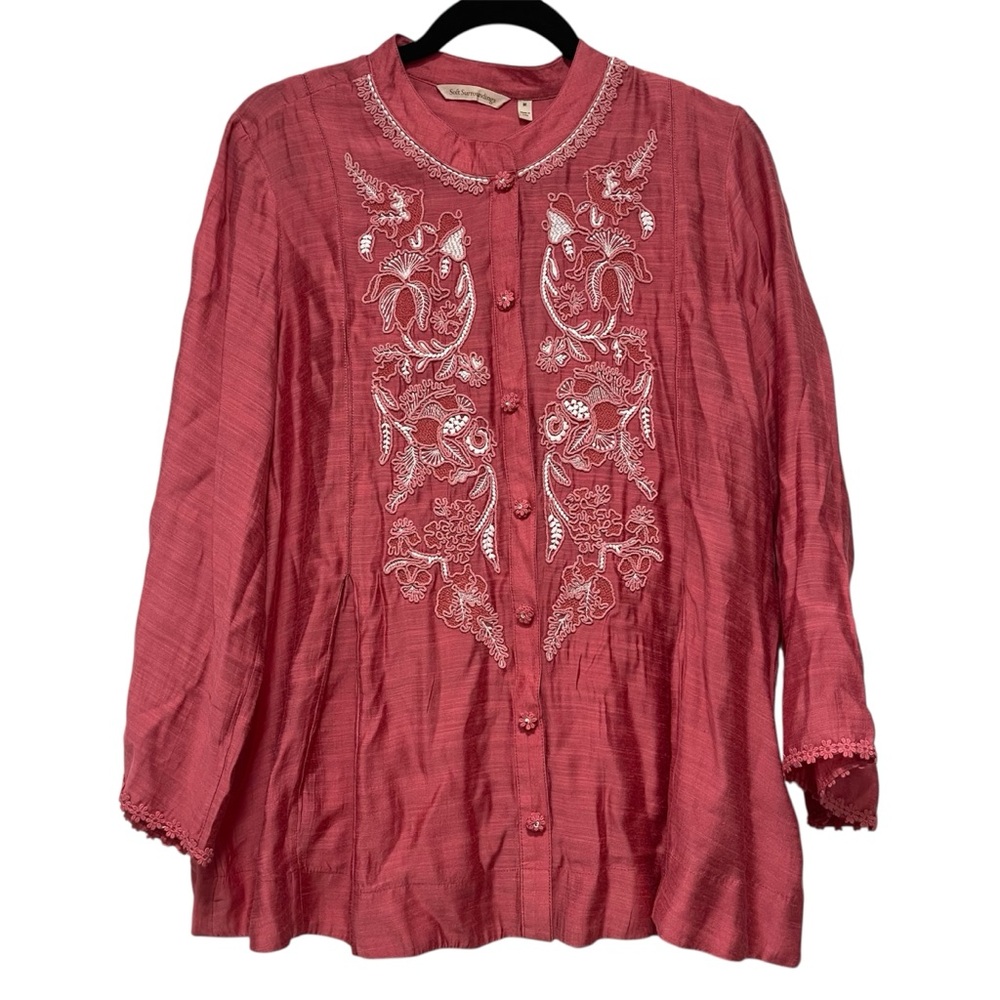 Soft Surroundings Top Womens M Pink Floral Silk Blend Embroidered Boho